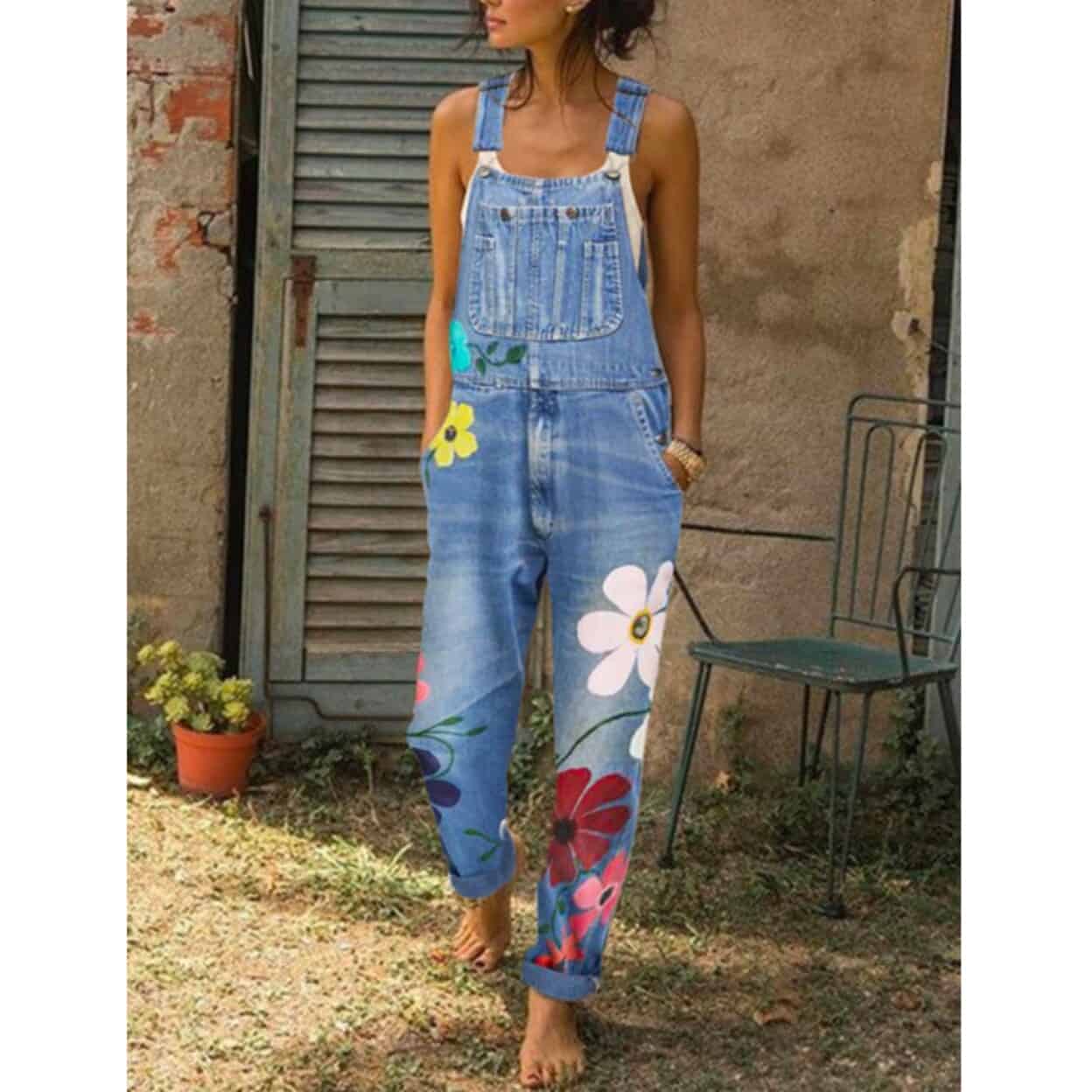 Denim Overalls With Colorful Flowers Accents
